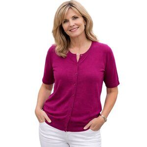 Woman Within Womens Cardigan Sweater Size 14/16 Magenta Short Sleeve Button